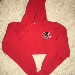 Red champion logo hoodie.
